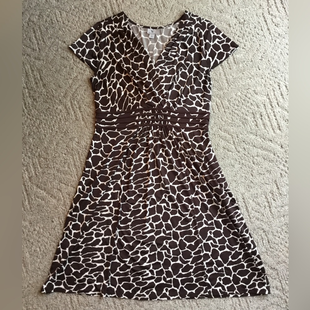 Worthington Brown and White A-Line Dress with V-Neck